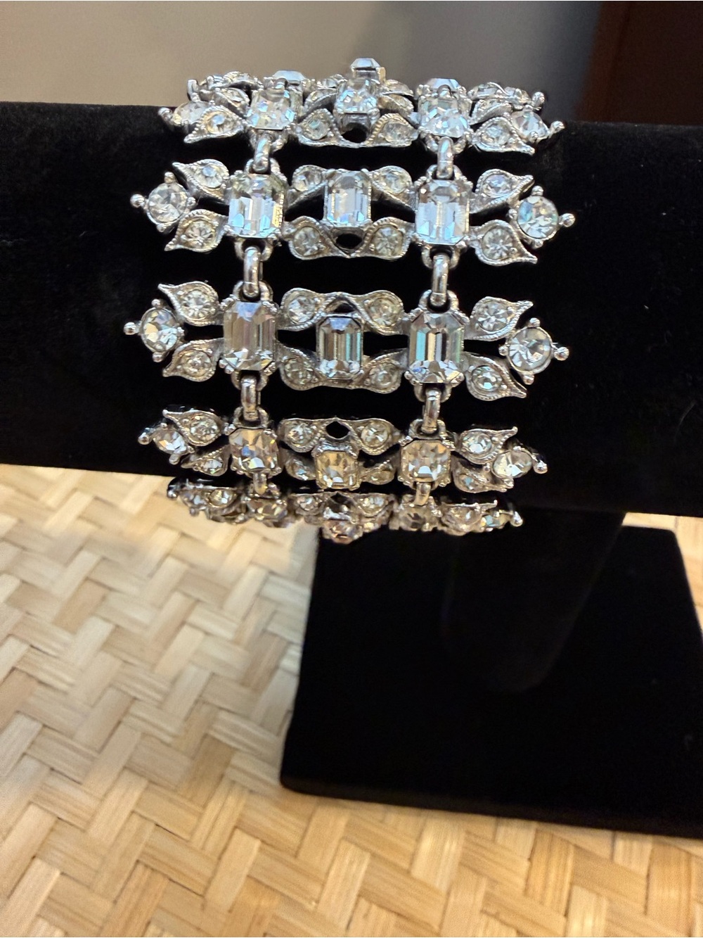 Signed Vintage BOGOFF Wide Rhinestone
Bracelet Clear Emerald Cut Rhodium Wedding